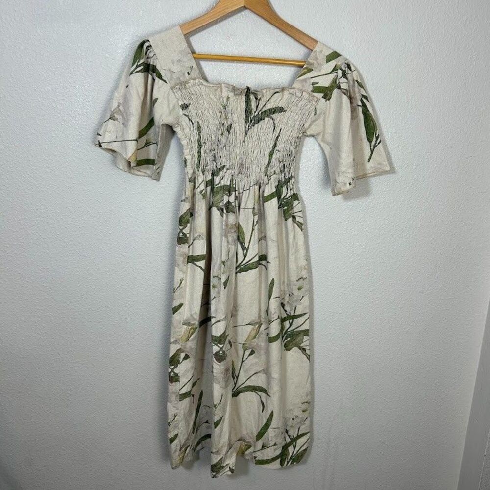 Lisa Says Gah Toni Smocked Midi Dress Womens M Floral Linen Cotton Square Neck - Picture 2 of 11